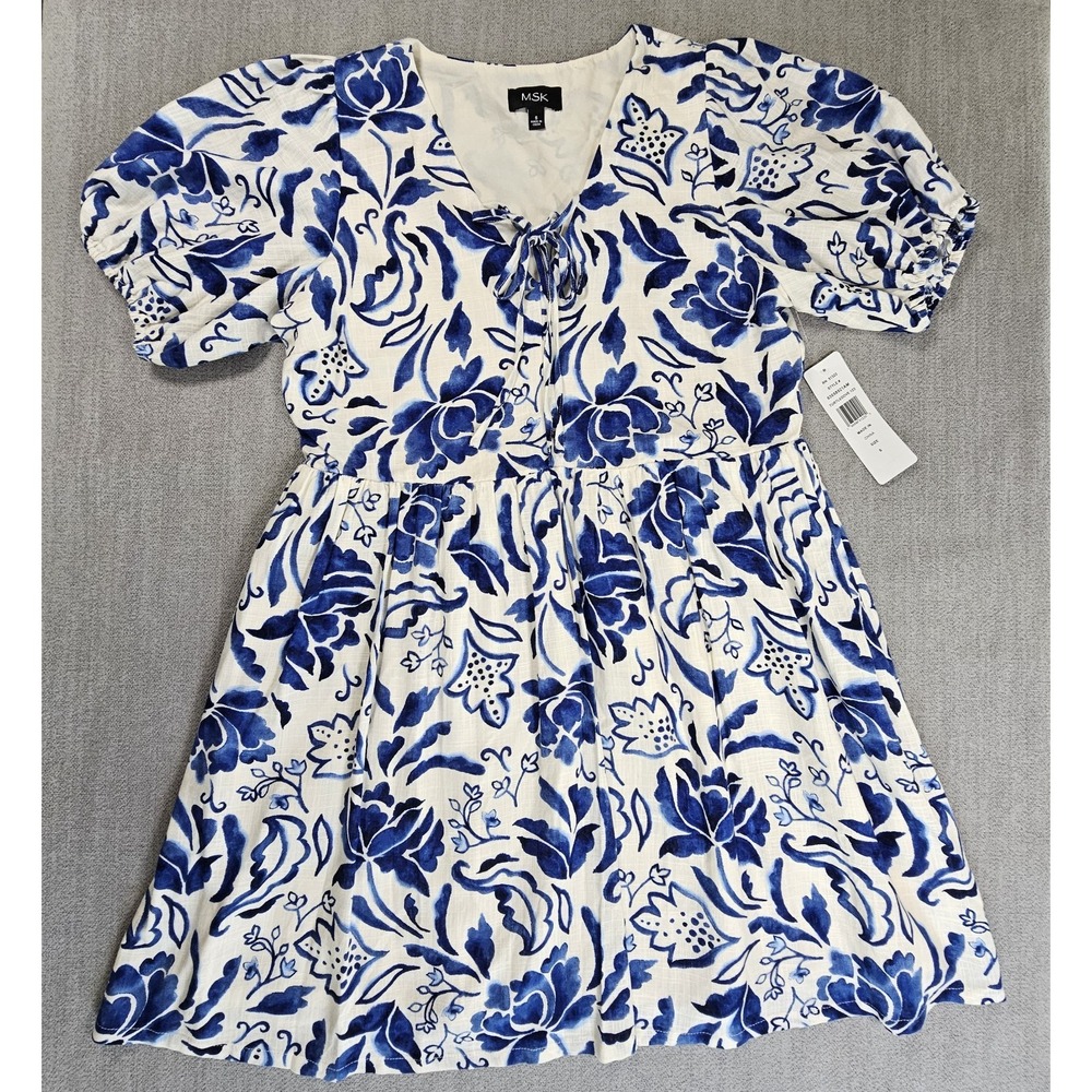 MSK A-Line Dress Women's Small Blue White Floral Puff Sleeve Tie Front‎ Coastal